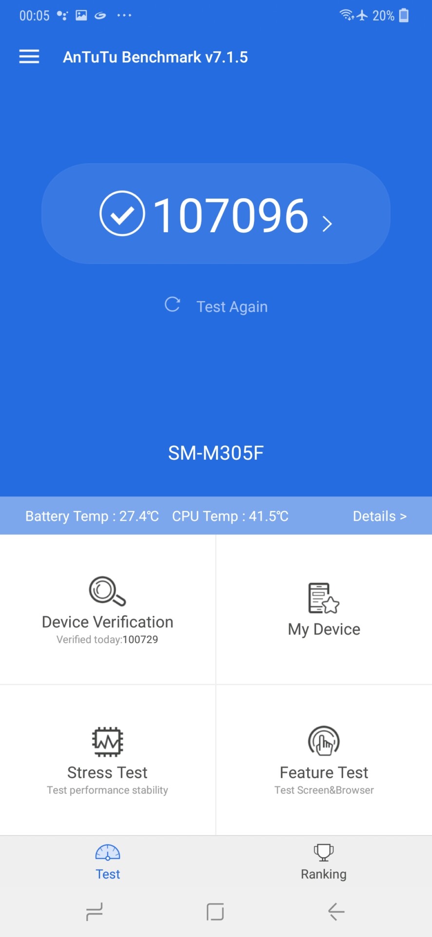 Samsung Galaxy M30 Antutu基准测试结果的屏幕截图。