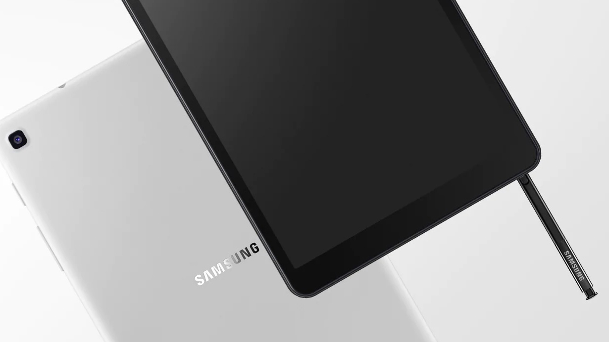 以预算为导向的三星Galaxy Tab A的促销图像，其中包括非蓝牙S笔。