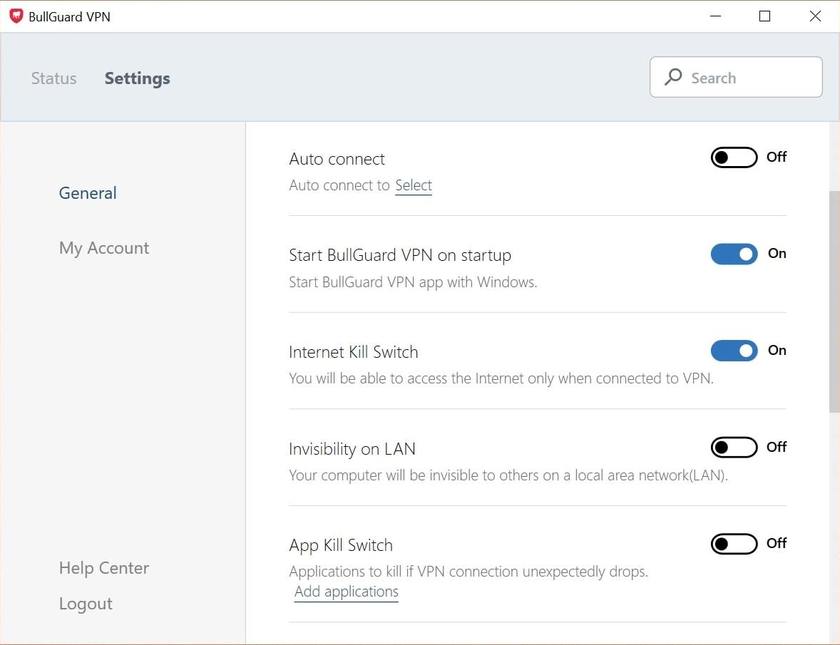 Bullguard VPN Windows应用程序设置