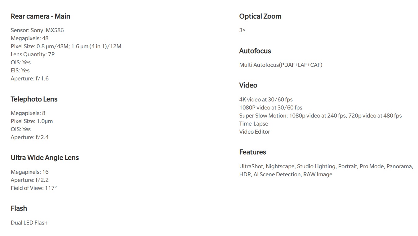 OnePlus 7 Pro相机规格表