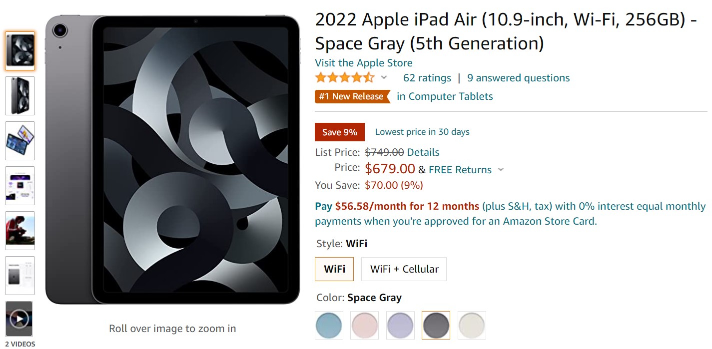 2022 Apple iPad Air 256GB亚马逊交易